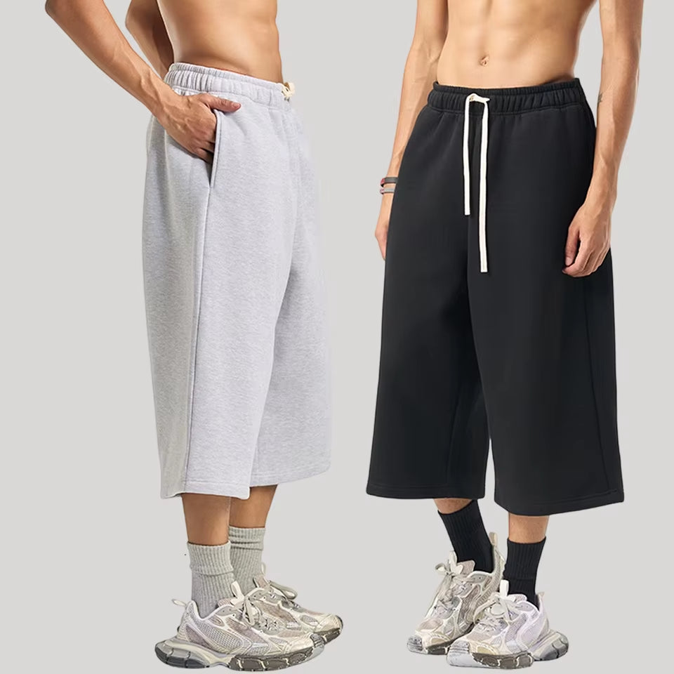 Wholesale 350GSM Fleece Lined 3/4 Length Sweatpants Men Heavyweight Drawstring Wide Leg Baggy Casual Culottes Streetwear