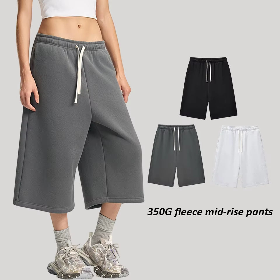 Wholesale 350GSM Fleece Lined 3/4 Length Sweatpants Men Heavyweight Drawstring Wide Leg Baggy Casual Culottes Streetwear