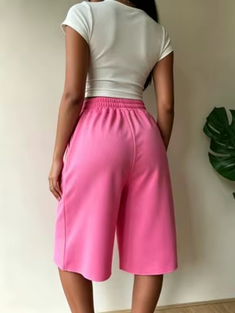 Womens Summer Knitted Elastic-Waist Wide-Leg Cropped Pants Loose-Fit Casual Sports Capris Solid Pattern Side Pockets Rolled Hem