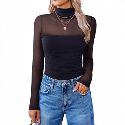 Women's Contour Turtleneck Bodysuit - Long Sleeve Mesh Body Sculpting Top