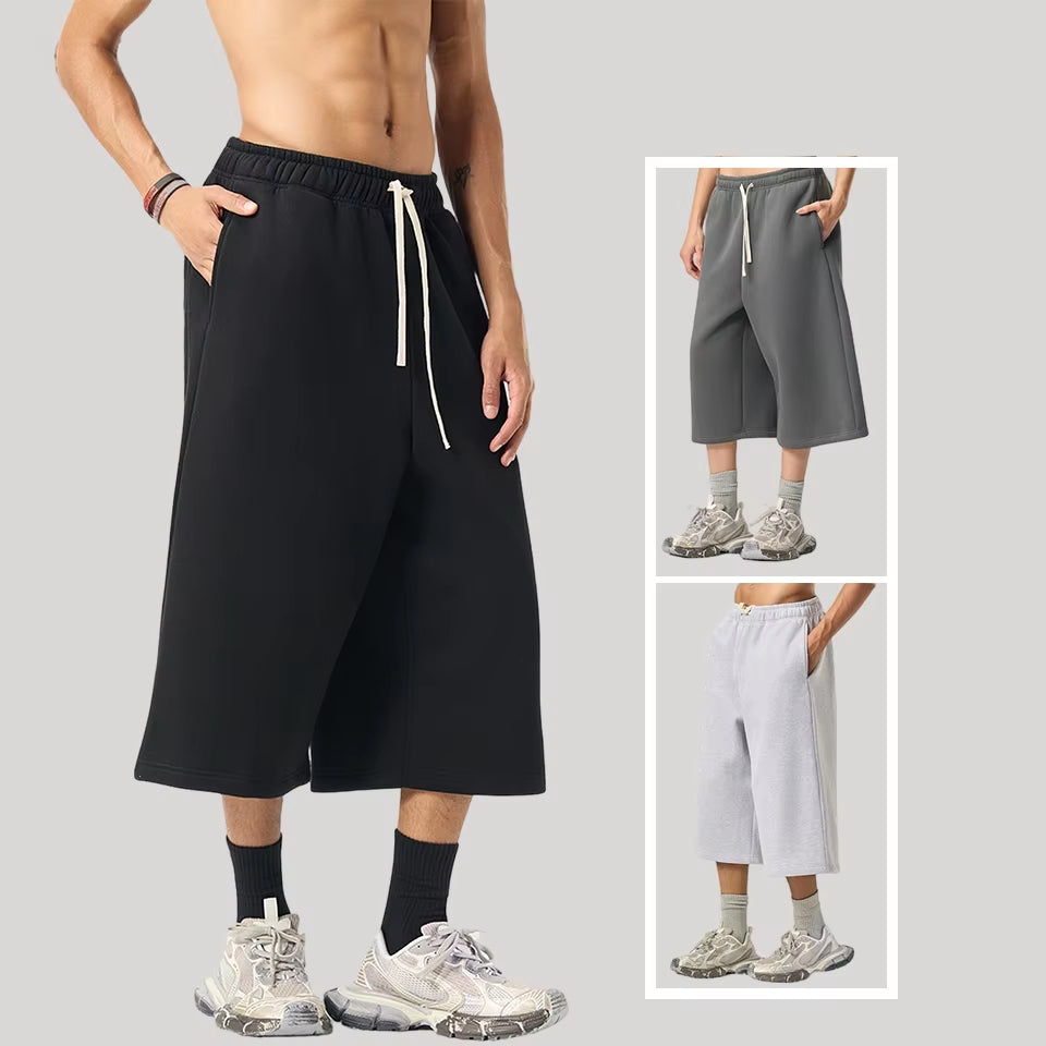 Wholesale 350GSM Fleece Lined 3/4 Length Sweatpants Men Heavyweight Drawstring Wide Leg Baggy Casual Culottes Streetwear