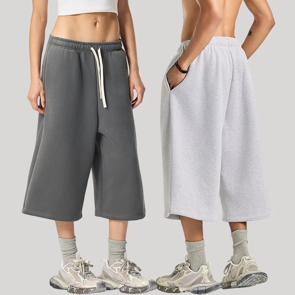 Wholesale 350GSM Fleece Lined 3/4 Length Sweatpants Men Heavyweight Drawstring Wide Leg Baggy Casual Culottes Streetwear