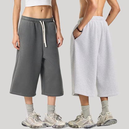 Wholesale 350GSM Fleece Lined 3/4 Length Sweatpants Men Heavyweight Drawstring Wide Leg Baggy Casual Culottes Streetwear